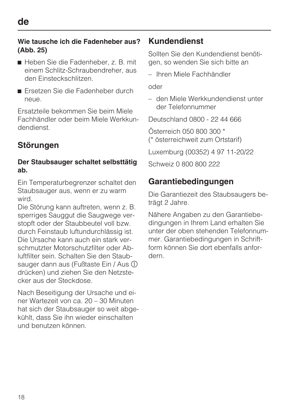 Störungen, Kundendienst, Garantiebedingungen | Miele HS12 User Manual | Page 18 / 88