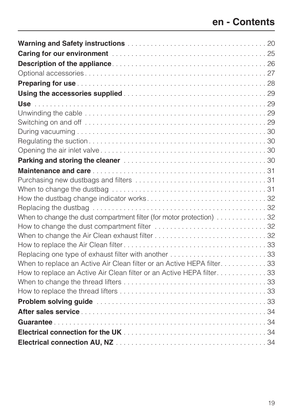 En - contents | Miele HS12 User Manual | Page 19 / 88