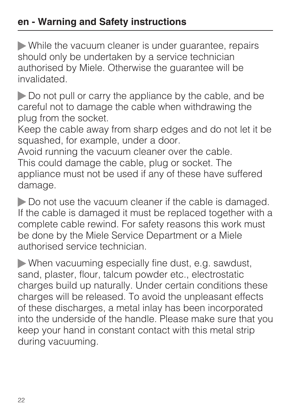 Miele HS12 User Manual | Page 22 / 88