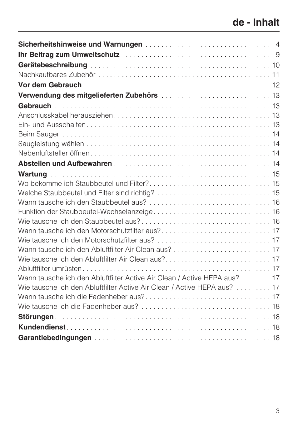 De - inhalt | Miele HS12 User Manual | Page 3 / 88