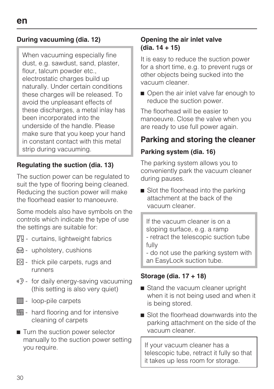 Parking and storing the cleaner | Miele HS12 User Manual | Page 30 / 88