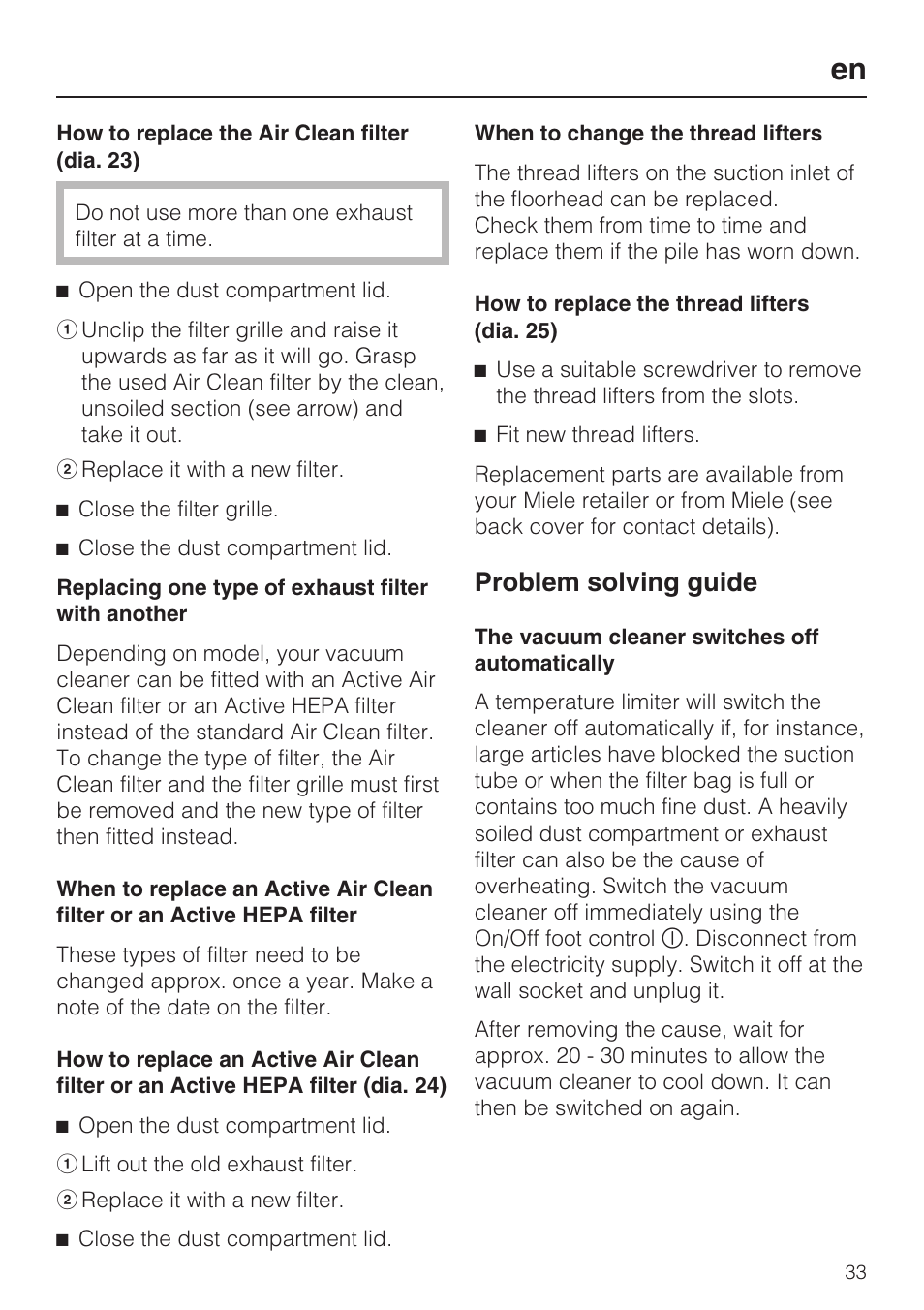 Problem solving guide | Miele HS12 User Manual | Page 33 / 88