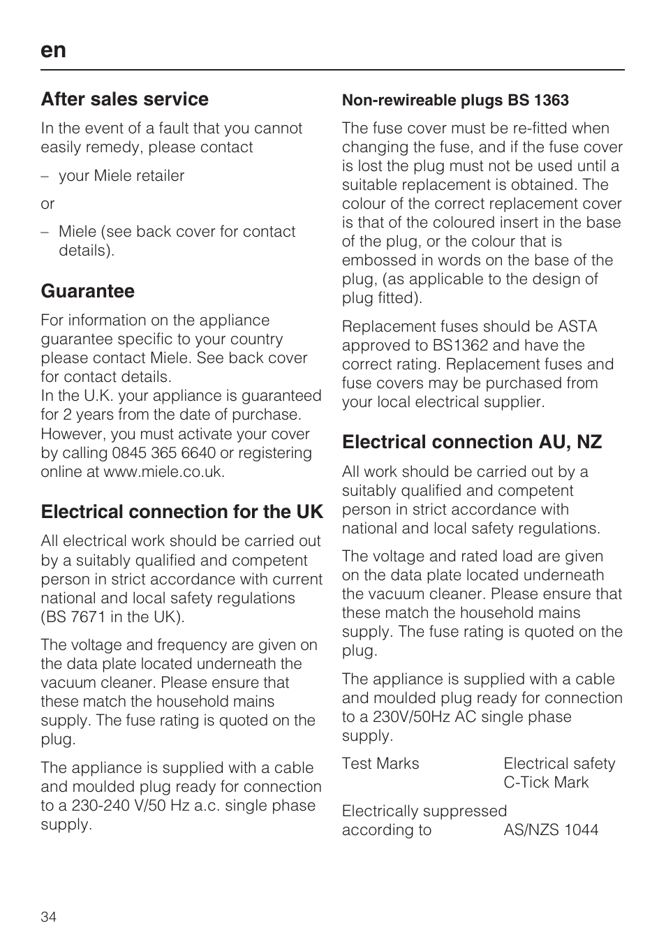 After sales service, Guarantee, Electrical connection for the uk | Electrical connection au, nz | Miele HS12 User Manual | Page 34 / 88