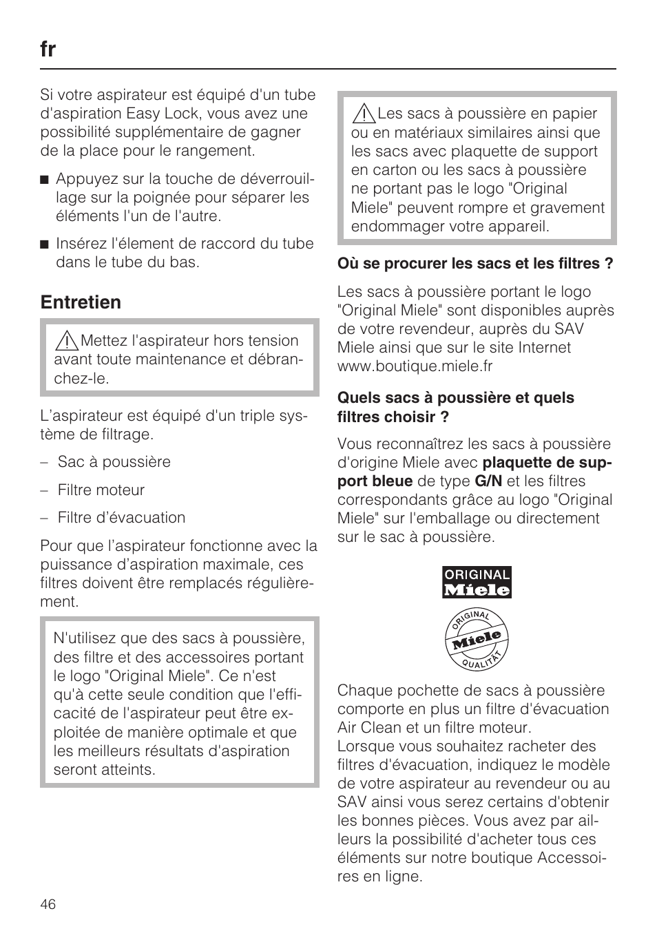 Entretien | Miele HS12 User Manual | Page 46 / 88