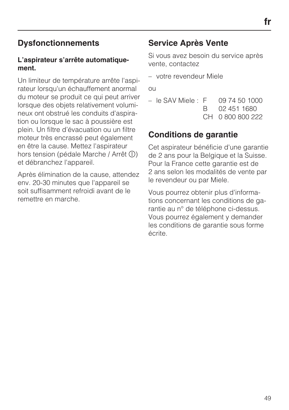 Dysfonctionnements, Service après vente, Conditions de garantie | Miele HS12 User Manual | Page 49 / 88