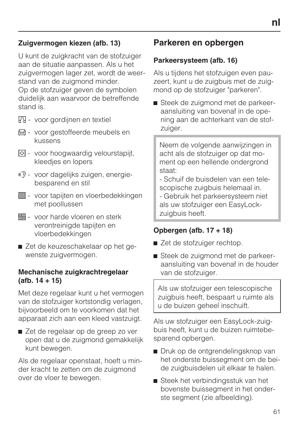 Parkeren en opbergen | Miele HS12 User Manual | Page 61 / 88