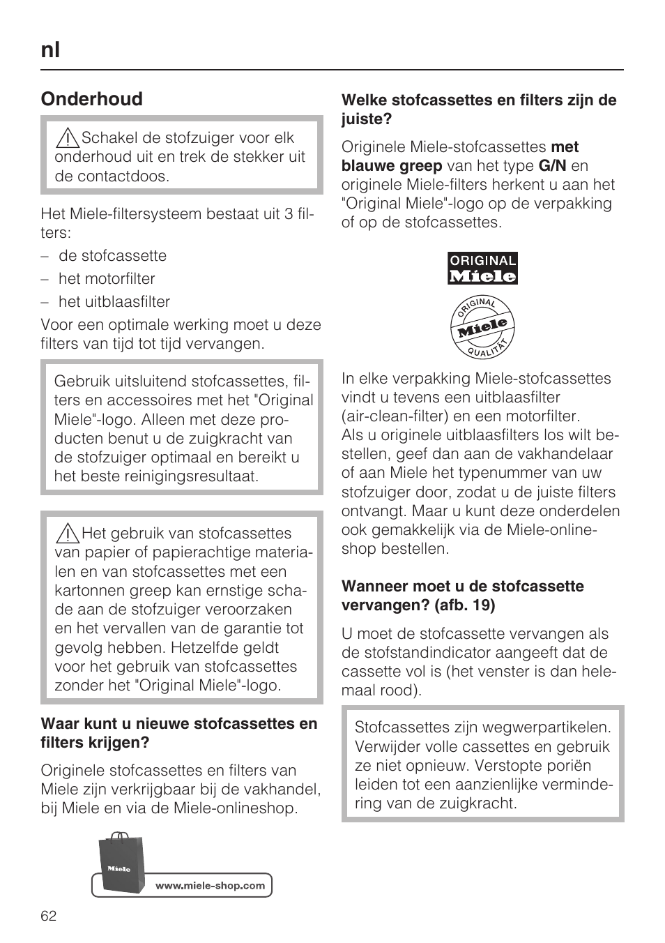 Onderhoud | Miele HS12 User Manual | Page 62 / 88