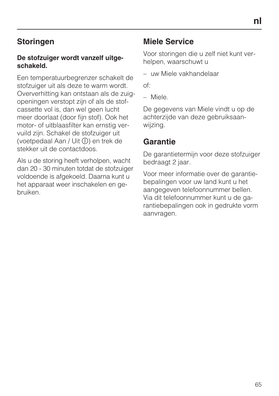 Storingen, Miele service, Garantie | Miele HS12 User Manual | Page 65 / 88