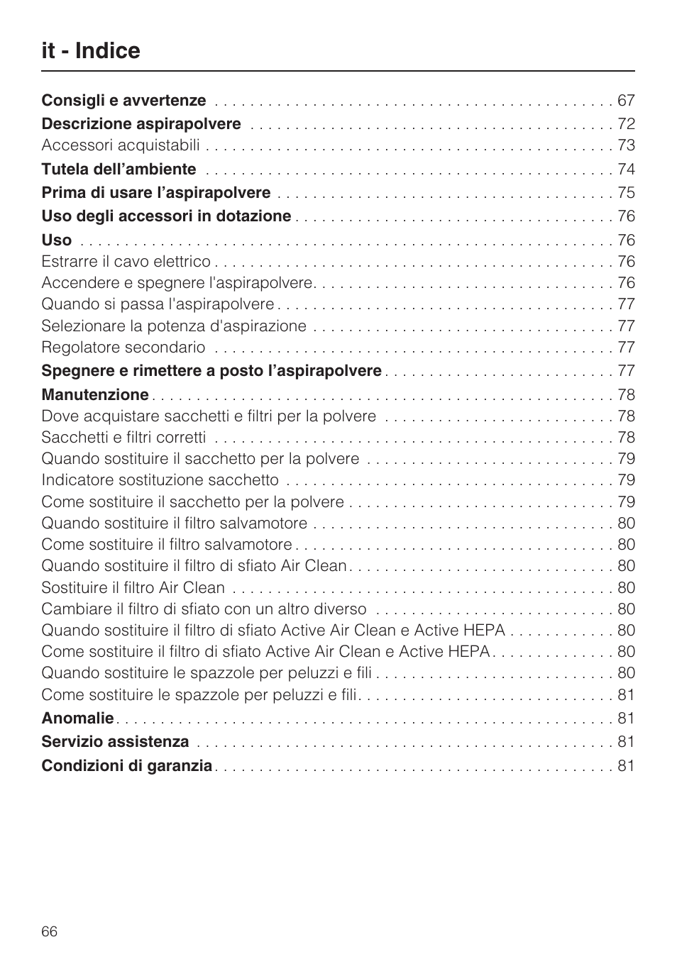It - indice | Miele HS12 User Manual | Page 66 / 88