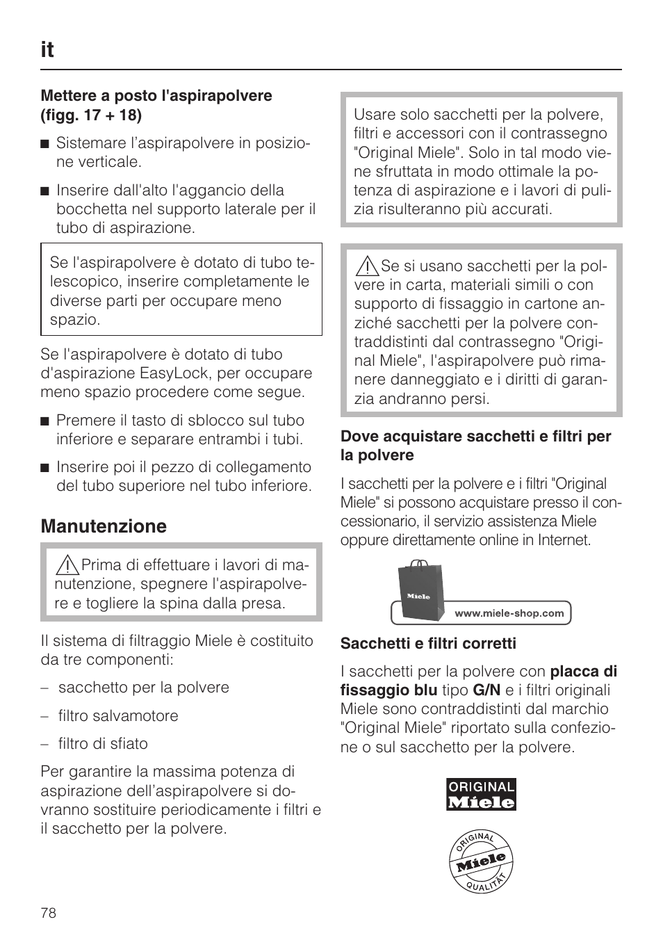 Manutenzione | Miele HS12 User Manual | Page 78 / 88