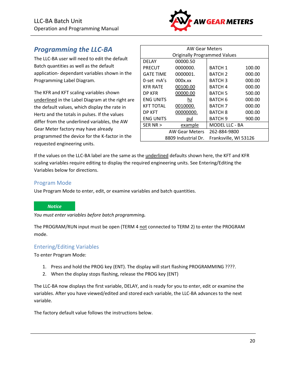 Programming the llc-ba, Program mode, Entering/editing variables | Llc-ba batch unit | AW Gear Meters LLC-BA User Manual | Page 21 / 28