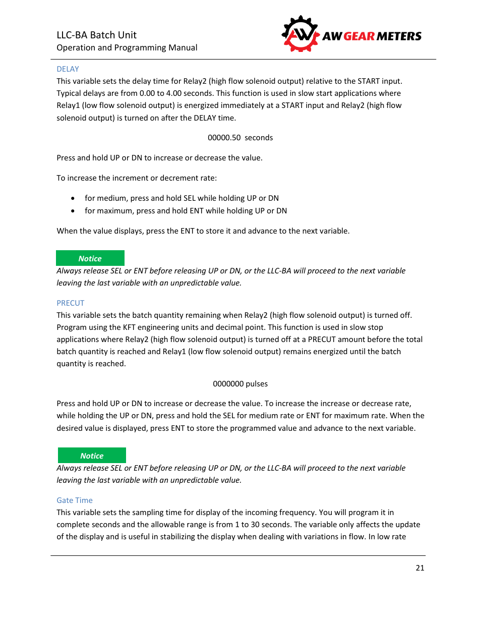 Delay, Precut, Gate time | Llc-ba batch unit | AW Gear Meters LLC-BA User Manual | Page 22 / 28