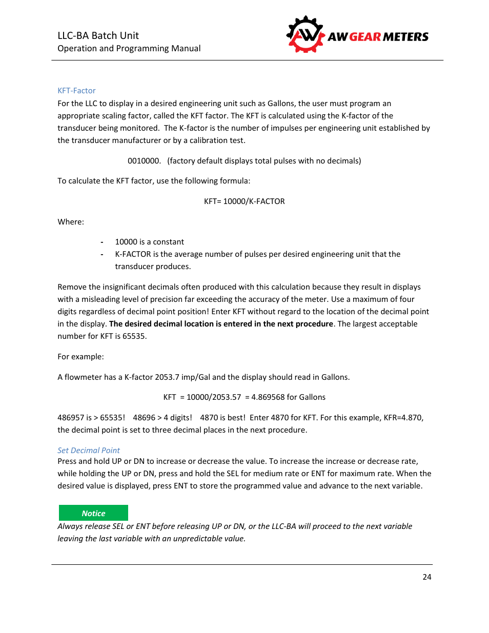 Kft-factor, Llc-ba batch unit | AW Gear Meters LLC-BA User Manual | Page 25 / 28