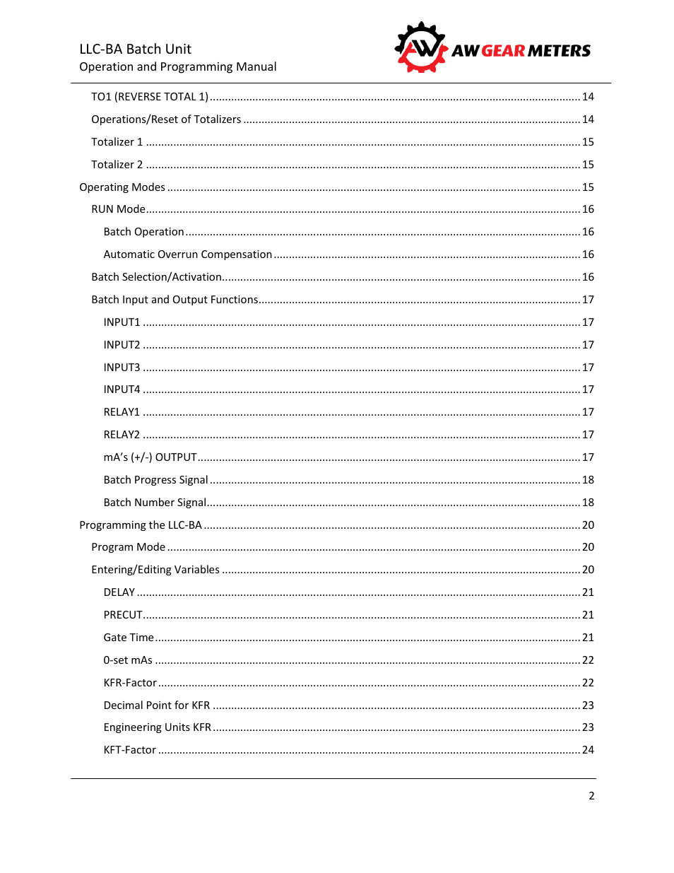 Llc-ba batch unit | AW Gear Meters LLC-BA User Manual | Page 3 / 28