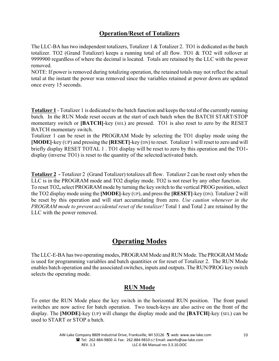 Operating modes, Operation/reset of totalizers, Run mode | AW Gear Meters LLC-E-BA User Manual | Page 10 / 19