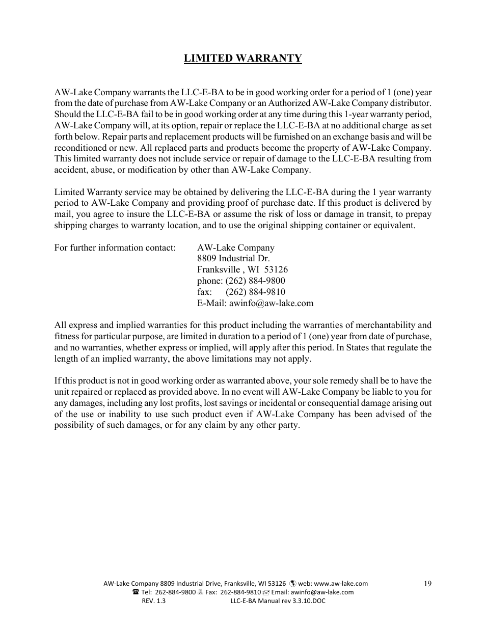 Limited warranty | AW Gear Meters LLC-E-BA User Manual | Page 19 / 19