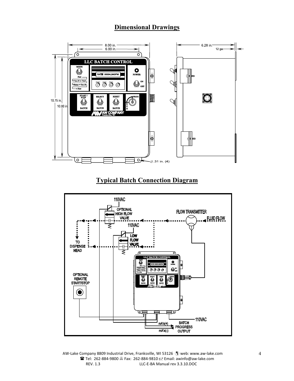 Dimensional drawings, Typical batch connection diagram | AW Gear Meters LLC-E-BA User Manual | Page 4 / 19