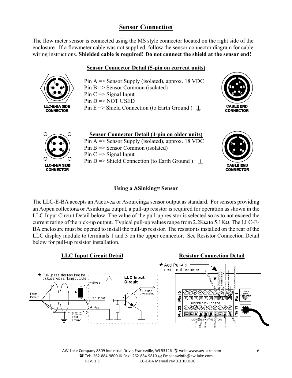 Sensor connection | AW Gear Meters LLC-E-BA User Manual | Page 6 / 19