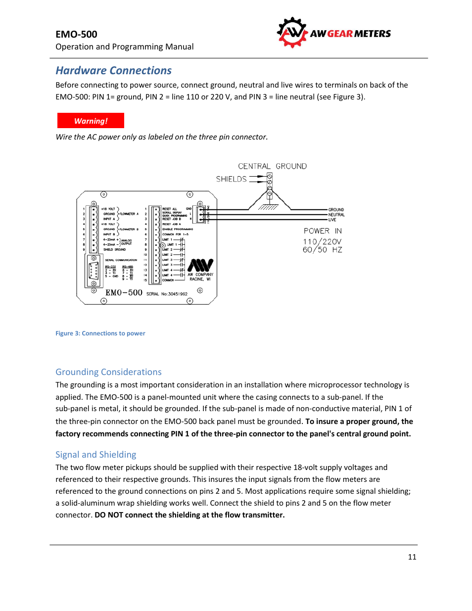 Hardware connections, Grounding considerations, Signal and shielding | AW Gear Meters EMO-500 User Manual | Page 12 / 48