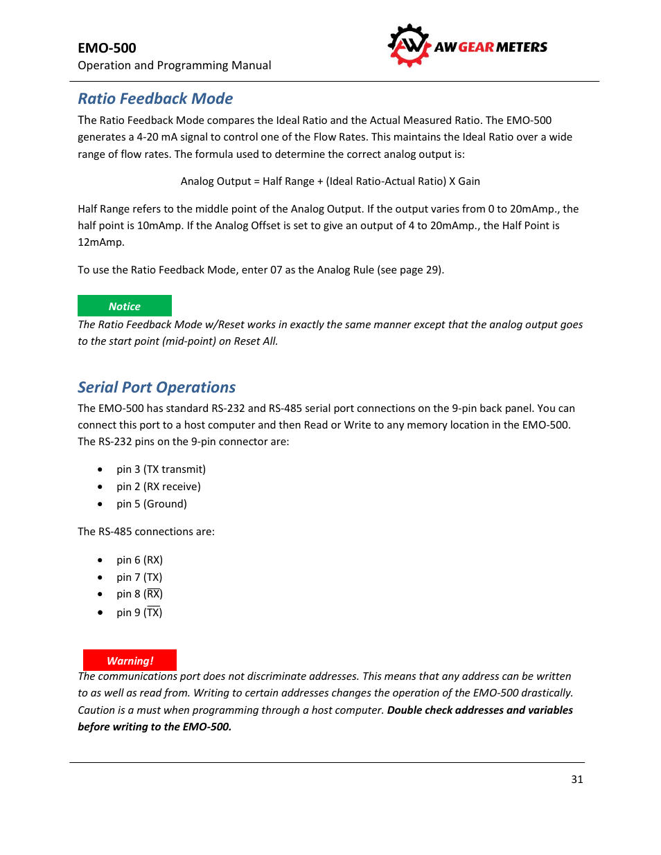 Ratio feedback mode, Serial port operations | AW Gear Meters EMO-500 User Manual | Page 32 / 48