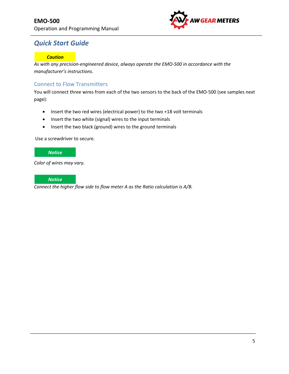 Quick start guide, Connect to flow transmitters, Emo-500 | AW Gear Meters EMO-500 User Manual | Page 6 / 48