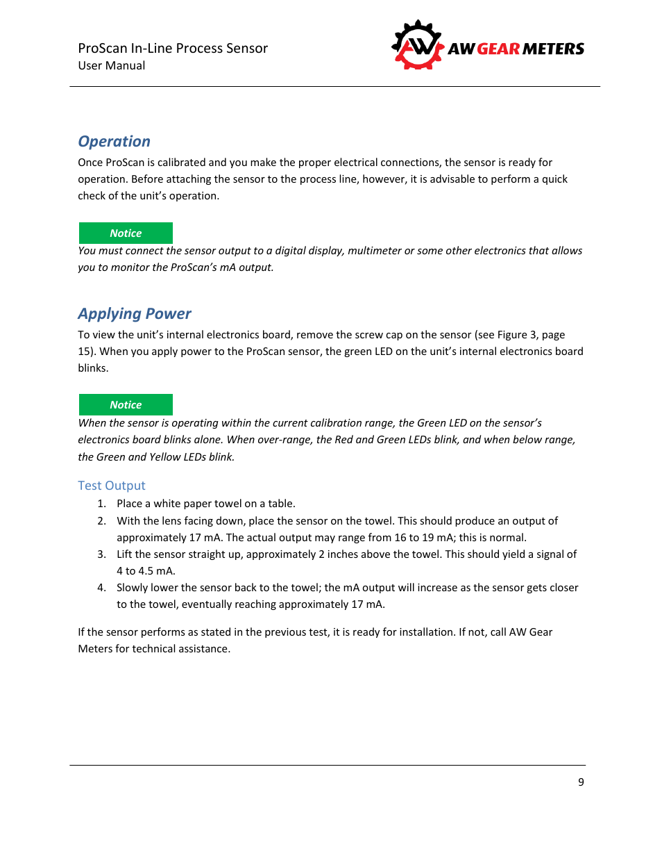Operation, Applying power, Test output | AW Gear Meters PROSCAN User Manual | Page 10 / 26