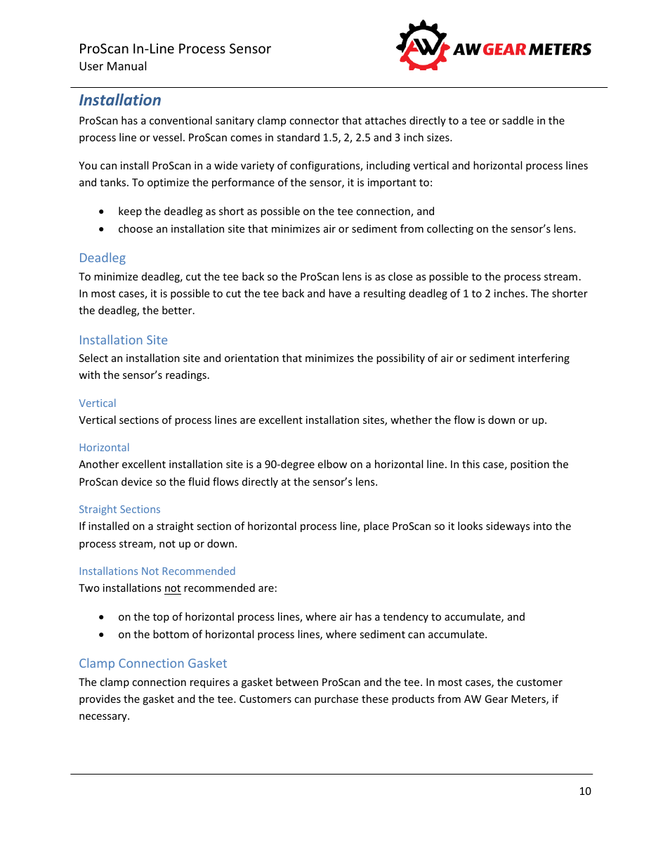 Installation, Deadleg, Installation site | Vertical, Horizontal, Straight sections, Installations not recommended, Clamp connection gasket | AW Gear Meters PROSCAN User Manual | Page 11 / 26
