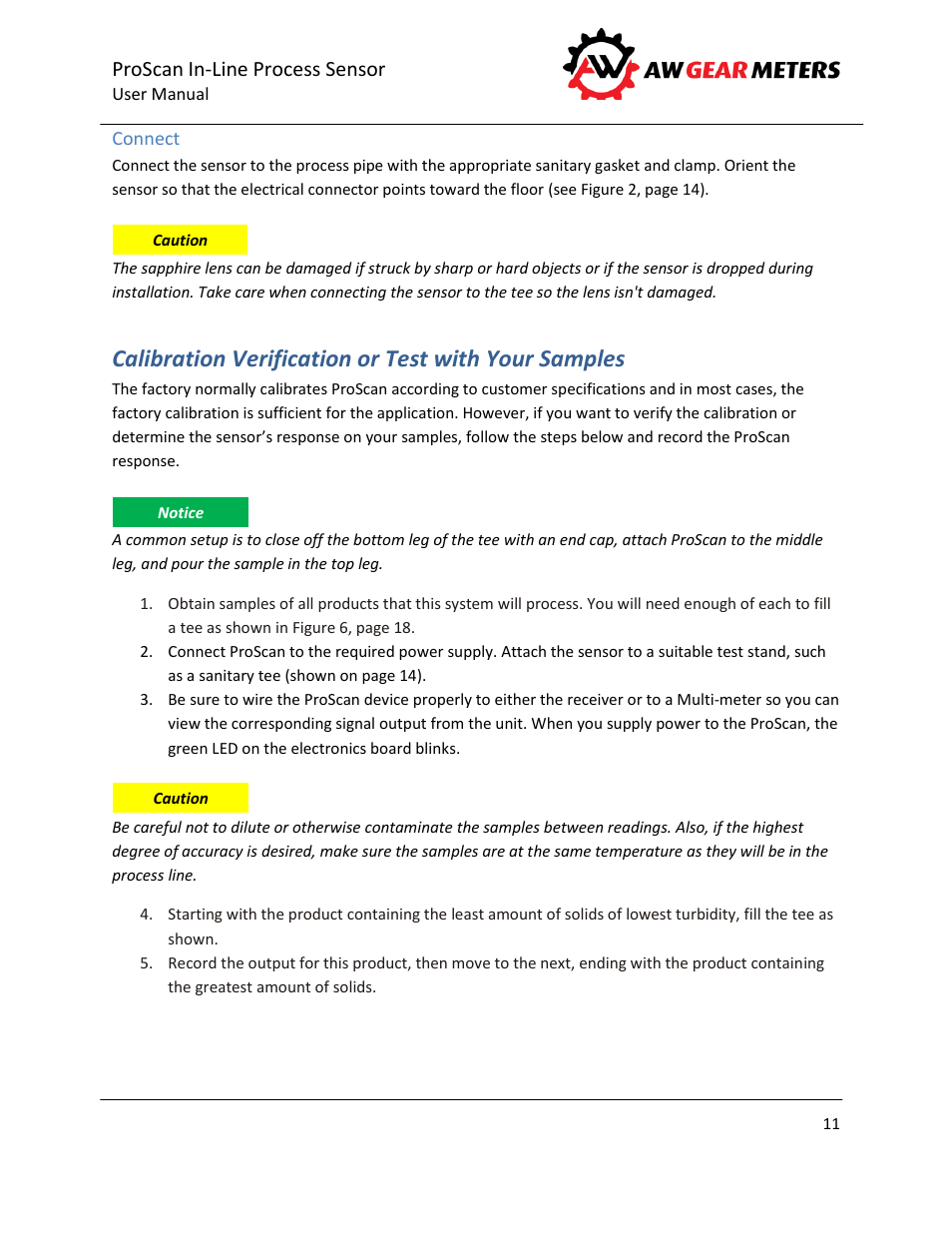 Connect, Calibration verification or test with your samples, Proscan in-line process sensor | AW Gear Meters PROSCAN User Manual | Page 12 / 26