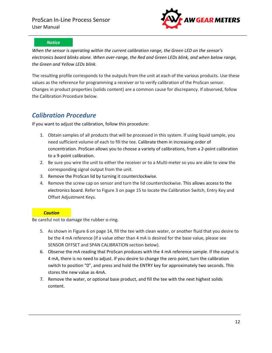 Calibration procedure, Proscan in-line process sensor | AW Gear Meters PROSCAN User Manual | Page 13 / 26