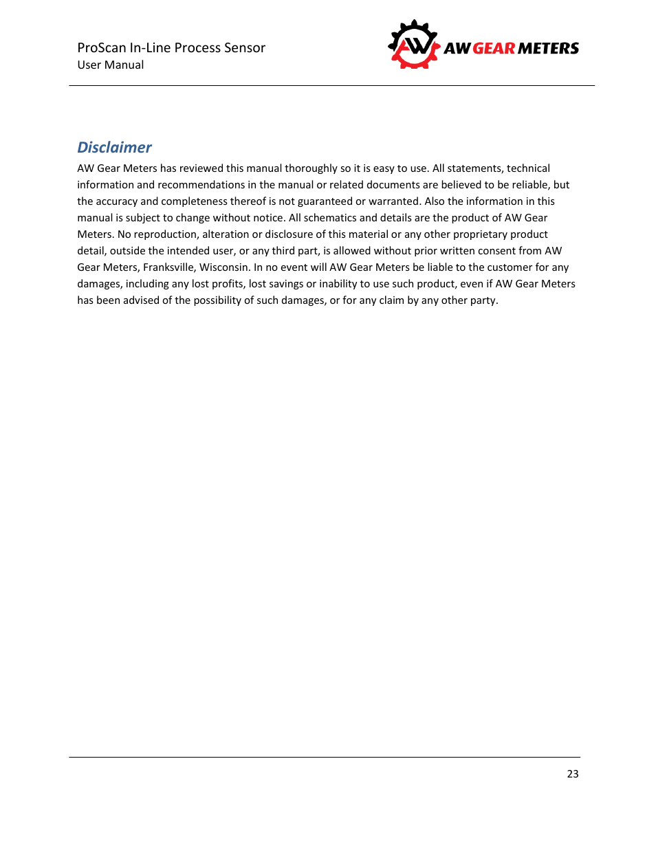 Disclaimer | AW Gear Meters PROSCAN User Manual | Page 24 / 26