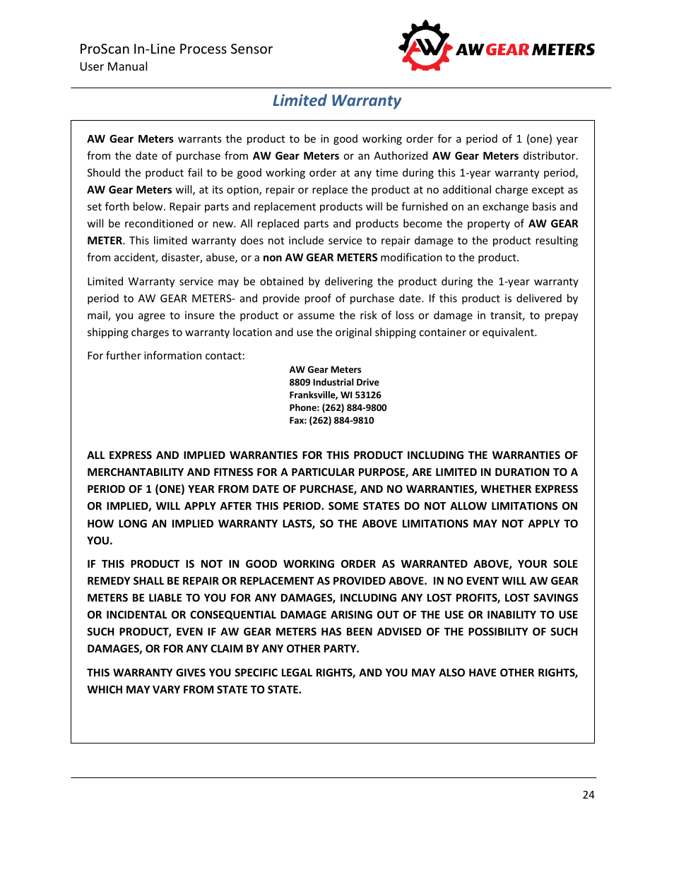 Limited warranty, Proscan in-line process sensor | AW Gear Meters PROSCAN User Manual | Page 25 / 26