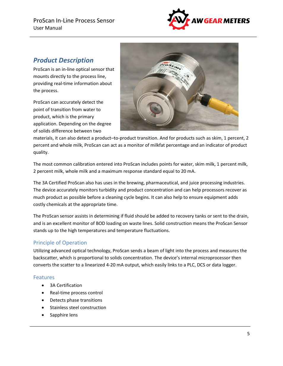 Product description, Principle of operation, Features | AW Gear Meters PROSCAN User Manual | Page 6 / 26