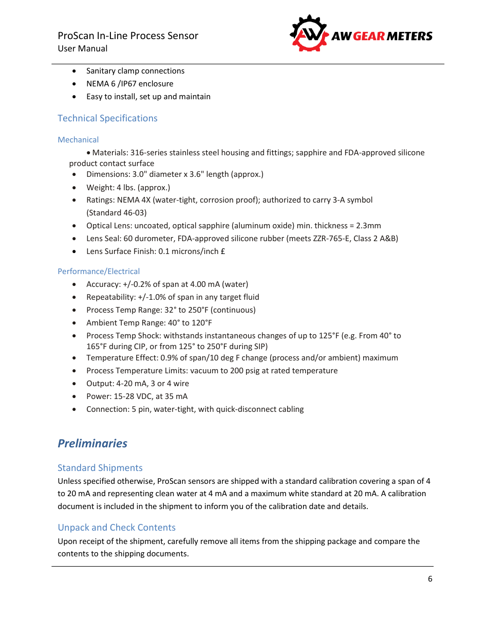 Technical specifications, Mechanical, Performance/electrical | Preliminaries, Standard shipments, Unpack and check contents, Proscan in-line process sensor | AW Gear Meters PROSCAN User Manual | Page 7 / 26