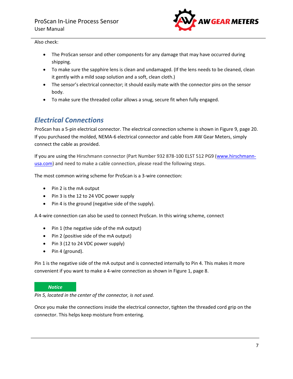 Electrical connections, Proscan in-line process sensor | AW Gear Meters PROSCAN User Manual | Page 8 / 26