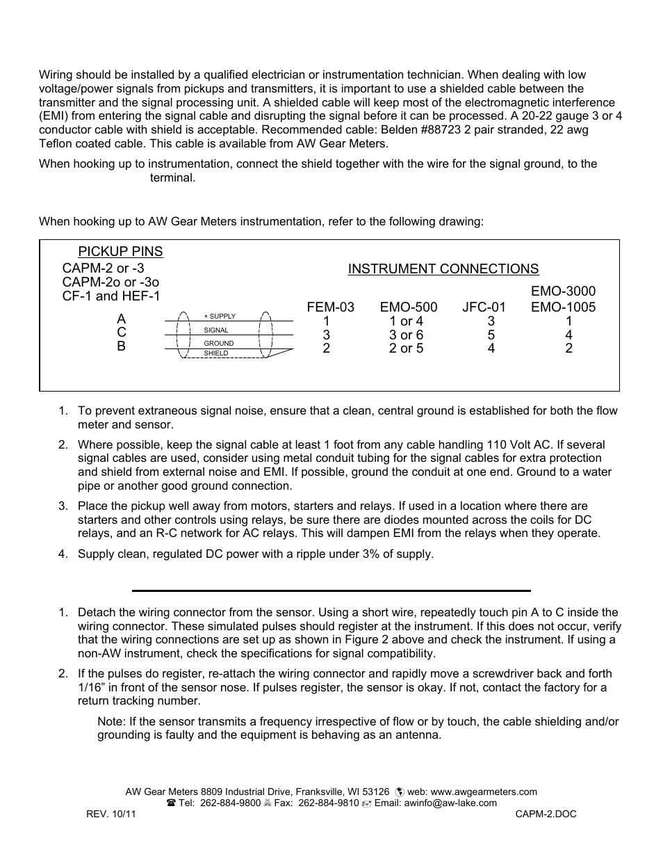 Never connect the shield to ground at both ends | AW Gear Meters CAPM-2 User Manual | Page 2 / 2
