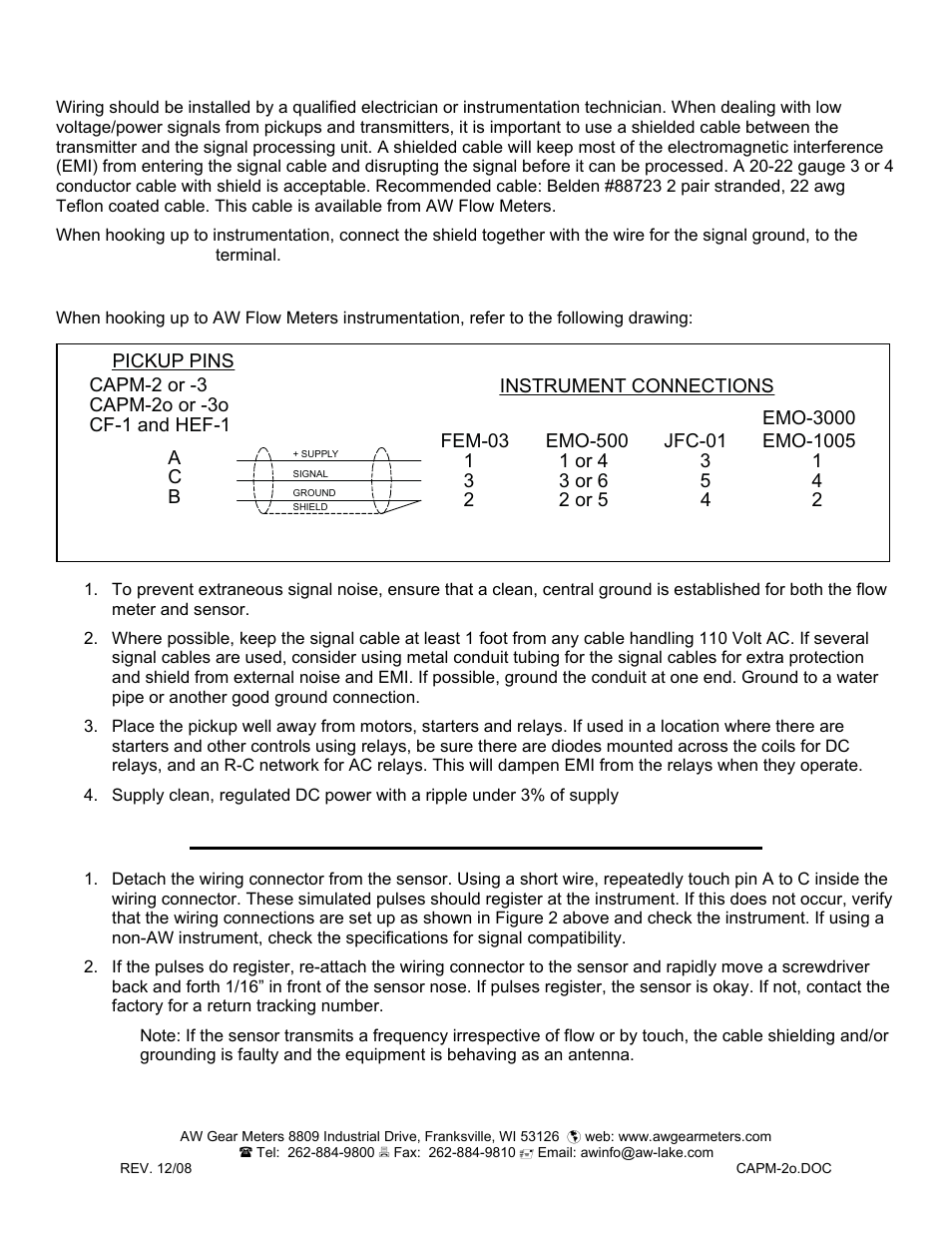 Never connect the shield to ground at both ends | AW Gear Meters CAPM-2o User Manual | Page 2 / 2