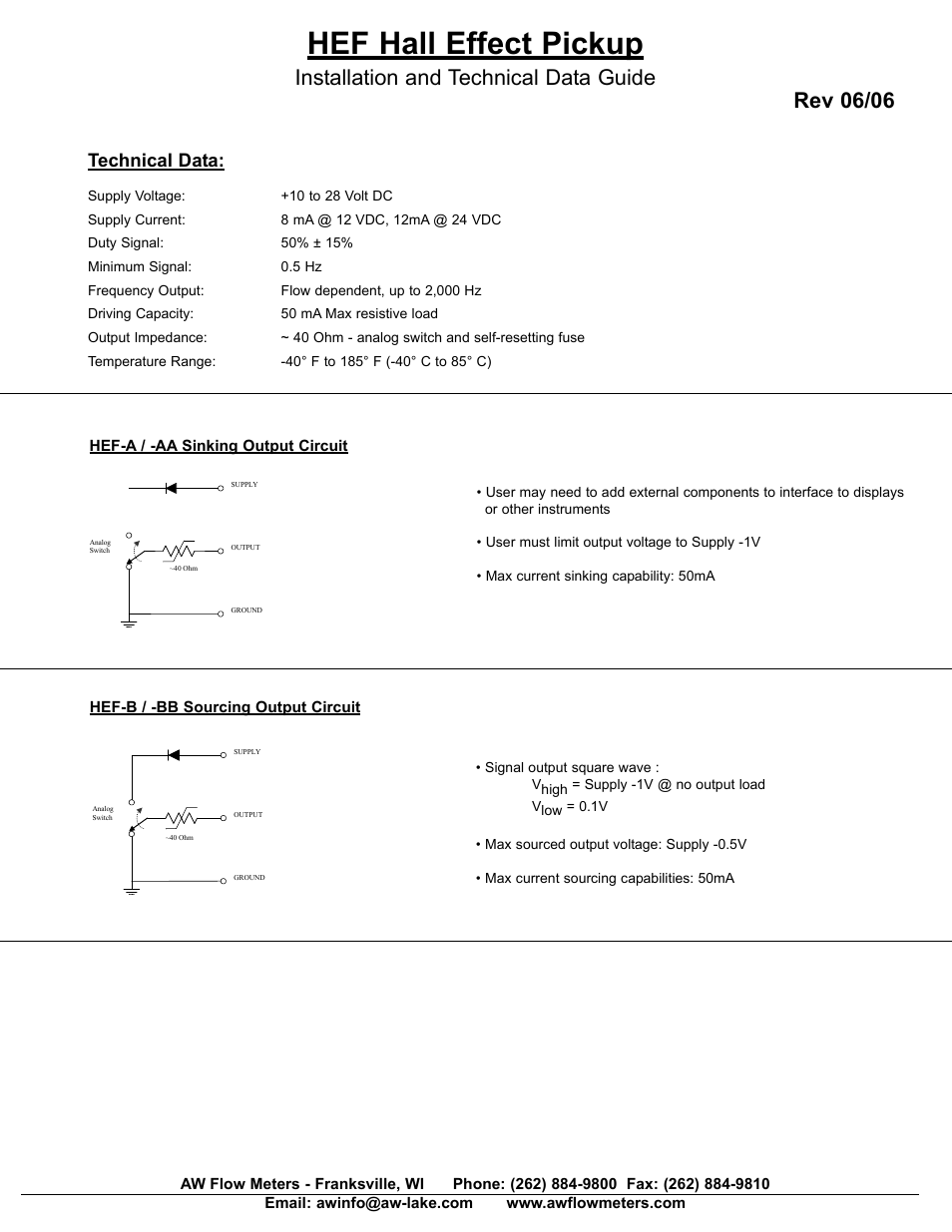 Hef hall effect pickup, Installation and technical data guide, Rev 06/06 | Technical data | AW Gear Meters HEF User Manual | Page 2 / 2
