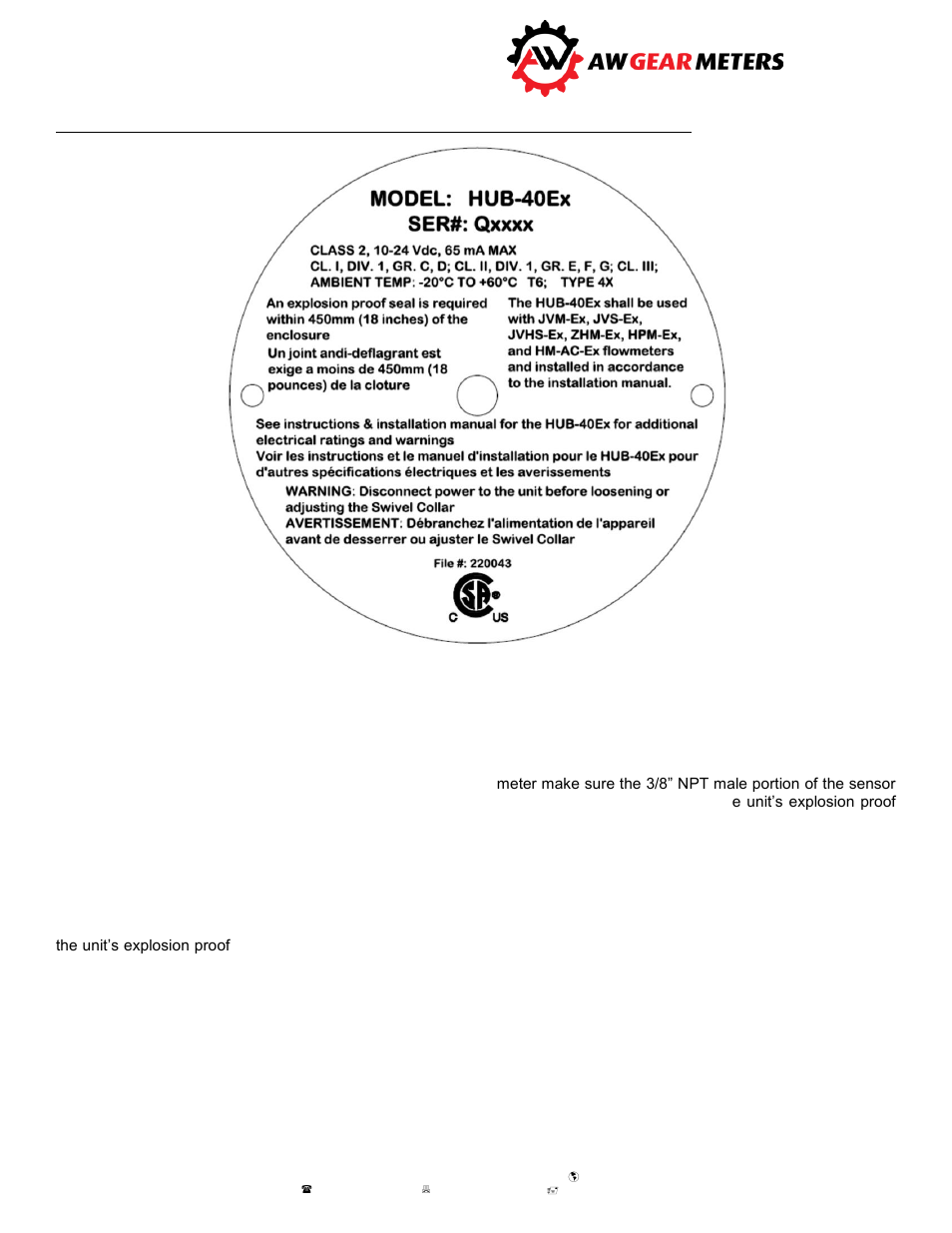 Hub-40ex sensor, User manual | AW Gear Meters HUB-40EX User Manual | Page 3 / 4