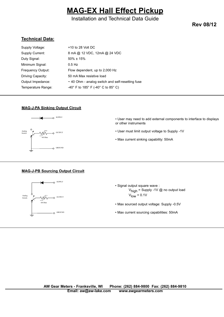Mag-ex hall effect pickup, Installation and technical data guide, Rev 08/12 | Technical data | AW Gear Meters MAG-EX User Manual | Page 2 / 2