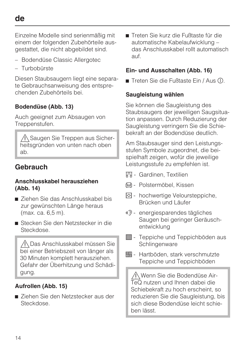 Gebrauch | Miele HS14 User Manual | Page 14 / 112