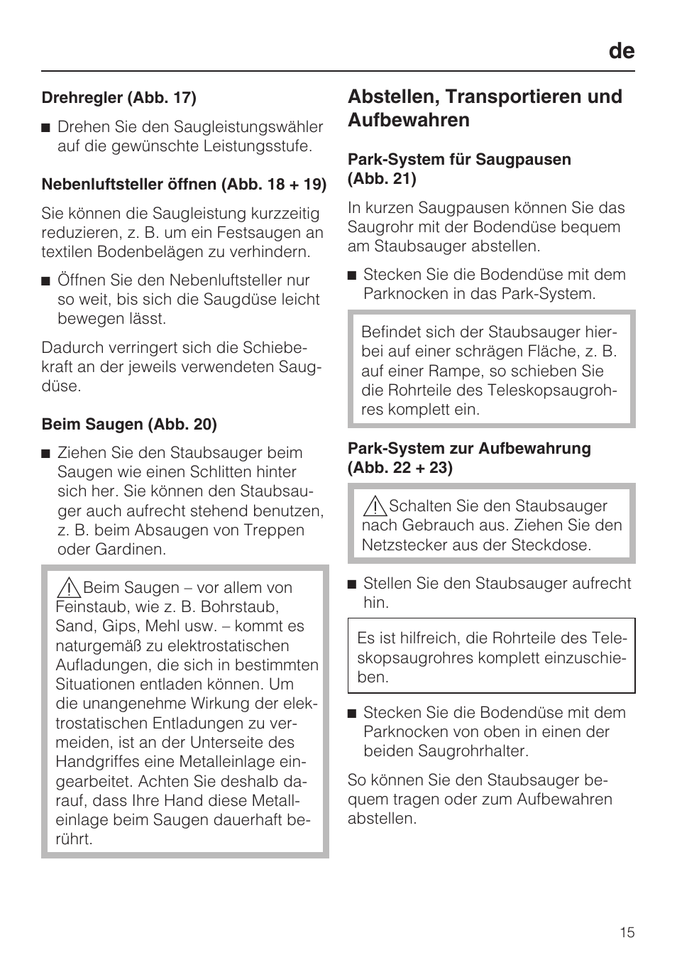 Abstellen, transportieren und aufbewahren | Miele HS14 User Manual | Page 15 / 112