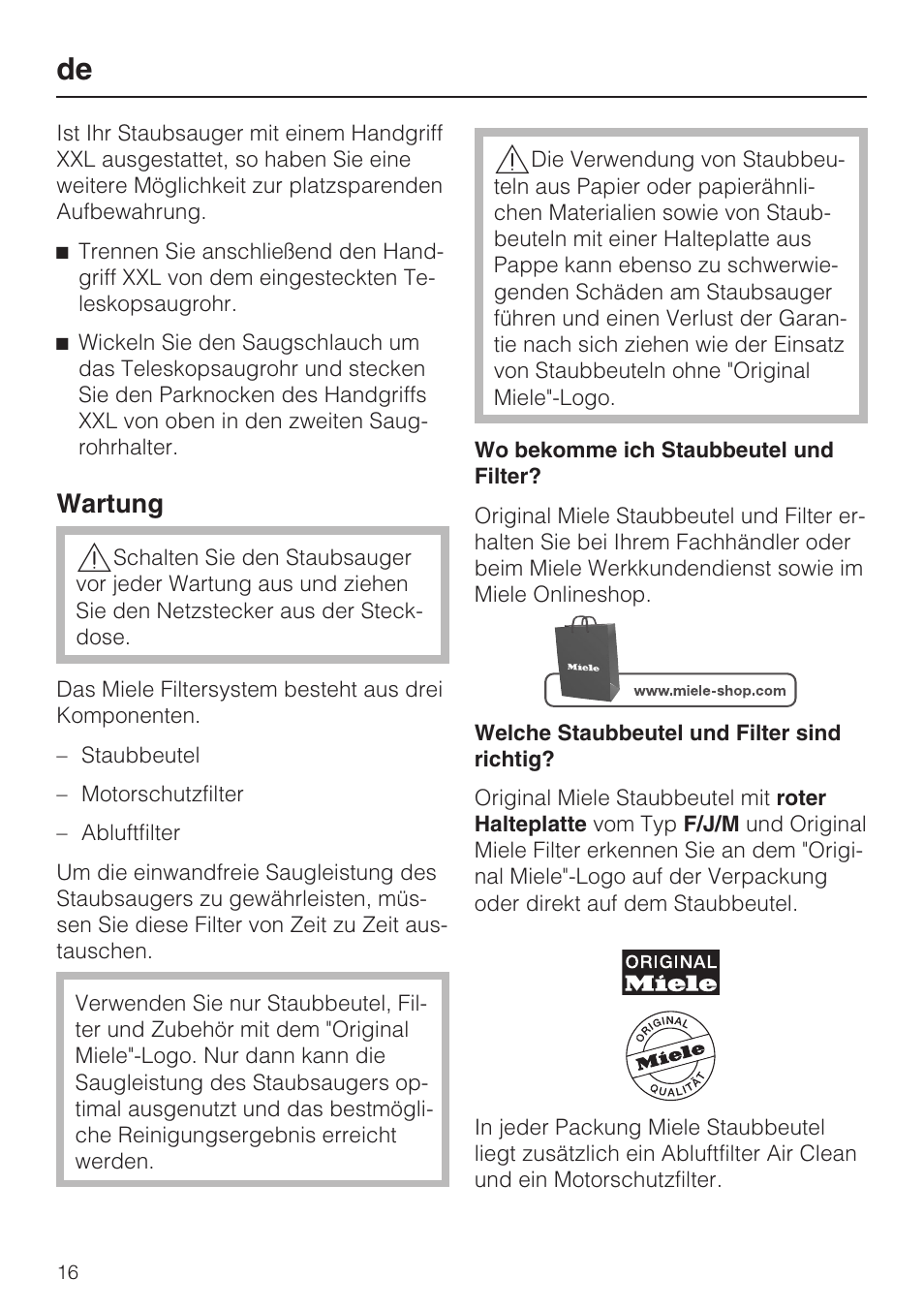 Wartung | Miele HS14 User Manual | Page 16 / 112