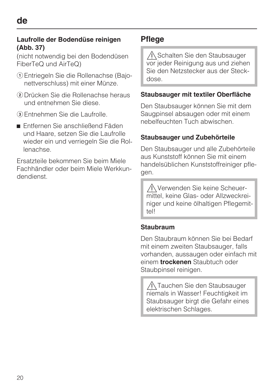 Pflege | Miele HS14 User Manual | Page 20 / 112