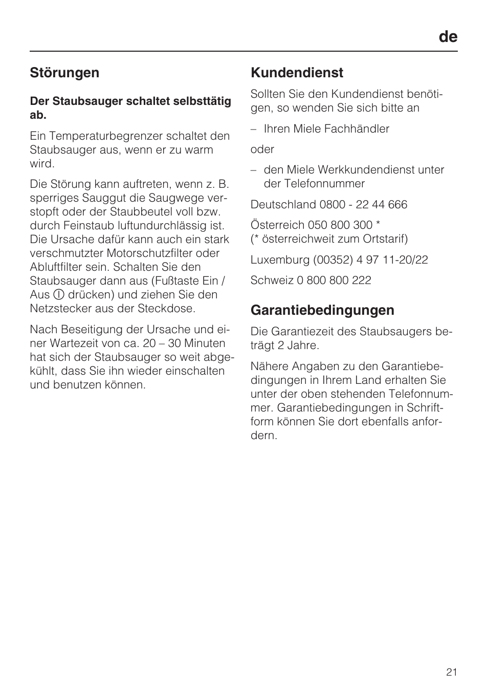 Störungen, Kundendienst, Garantiebedingungen | Miele HS14 User Manual | Page 21 / 112