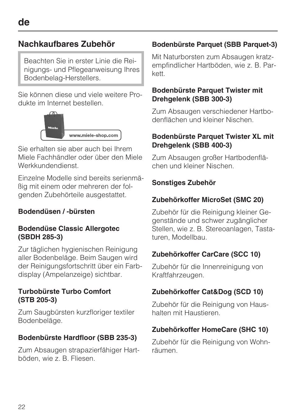 Nachkaufbares zubehör | Miele HS14 User Manual | Page 22 / 112