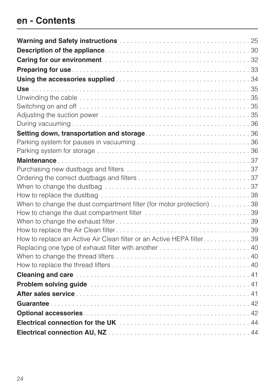 En - contents | Miele HS14 User Manual | Page 24 / 112