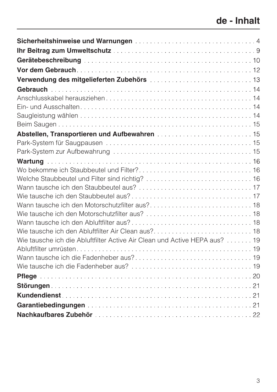 De - inhalt | Miele HS14 User Manual | Page 3 / 112