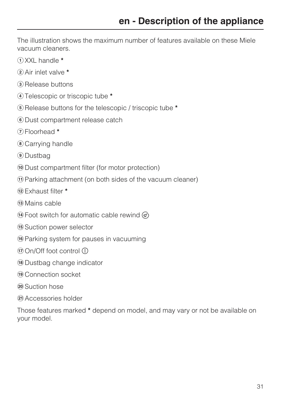 En - description of the appliance | Miele HS14 User Manual | Page 31 / 112
