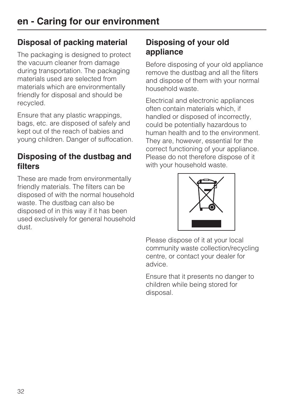 En - caring for our environment | Miele HS14 User Manual | Page 32 / 112