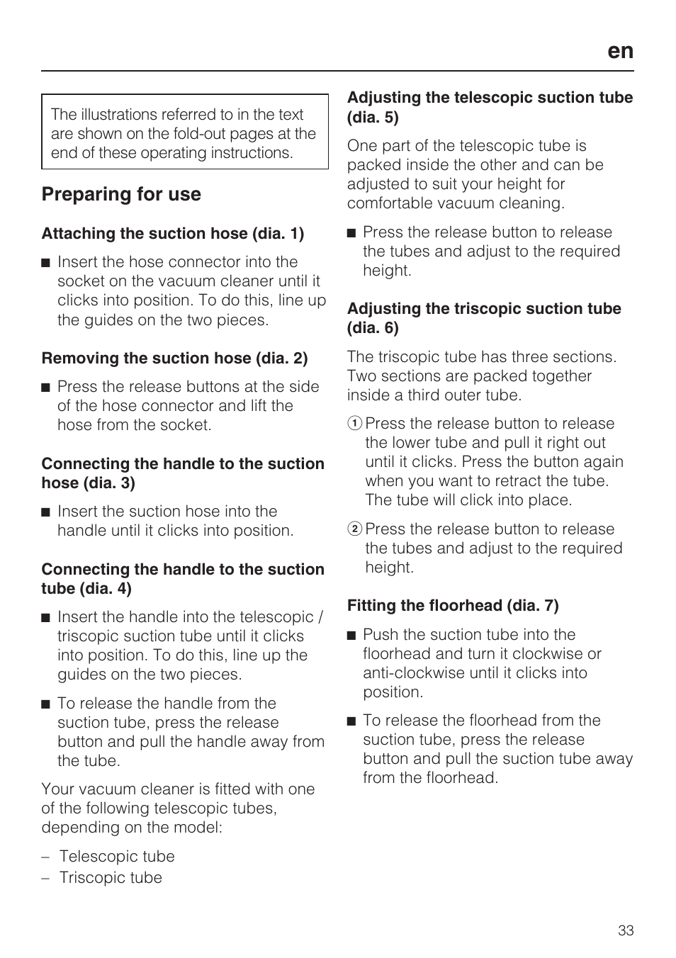 Preparing for use | Miele HS14 User Manual | Page 33 / 112